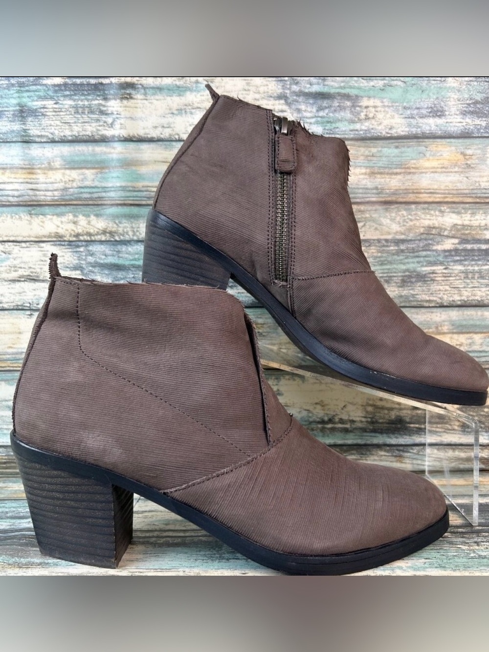 Eileen Fisher Murphy Ankle Boot Womens 7.5 Gray Leather Zip Up Block Heel Bootie